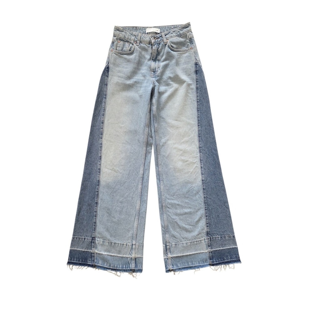 Zara Two Tone Wide Leg Jeans Colorblock Denim Womens 2 Tall Raw Hem Y2K 90s Boho